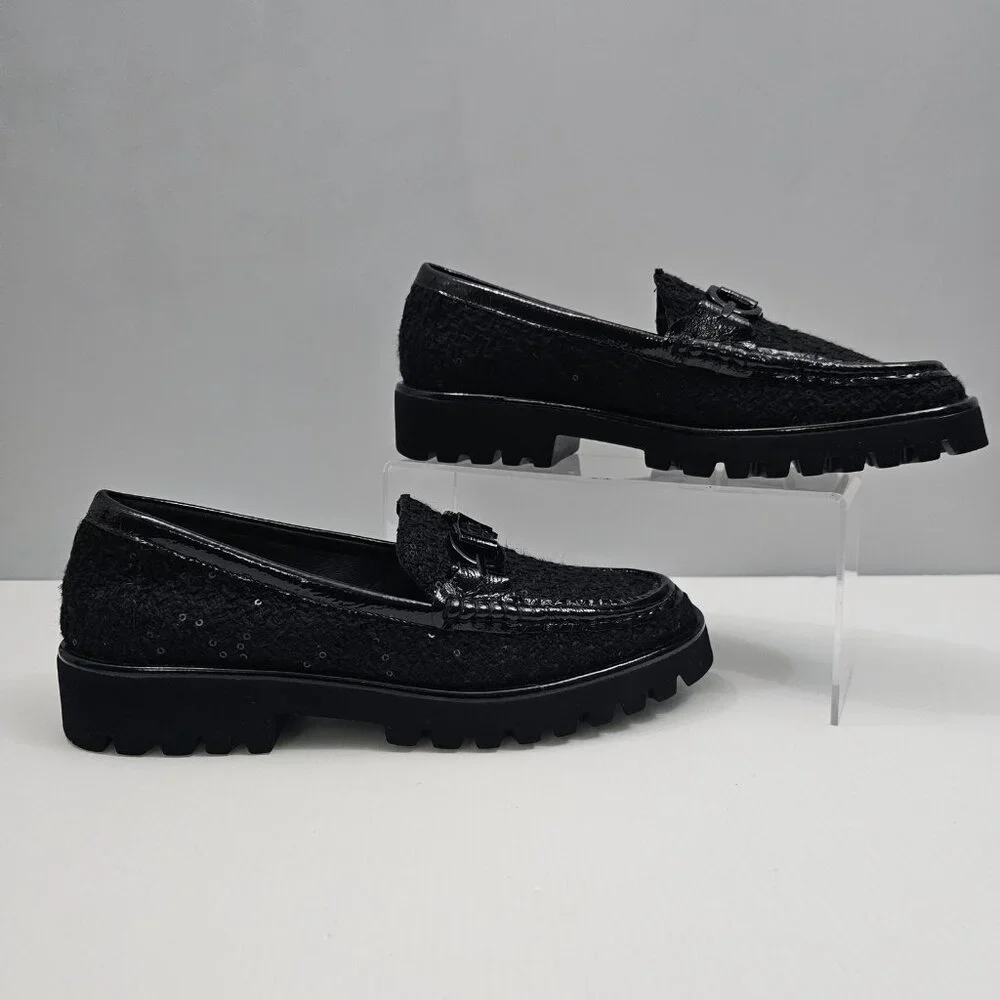 Donald Pliner Helio Lug Sole Loafer Womens 9 Black Boucle Sequined Platform NEW - Picture 3 of 14